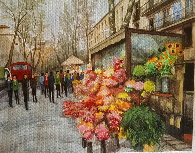 wpuestodefloreslasramblasacuarela40x50
